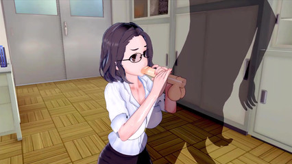 В 3D порно мультике четырехглазая девчонка забавляется с членом парня